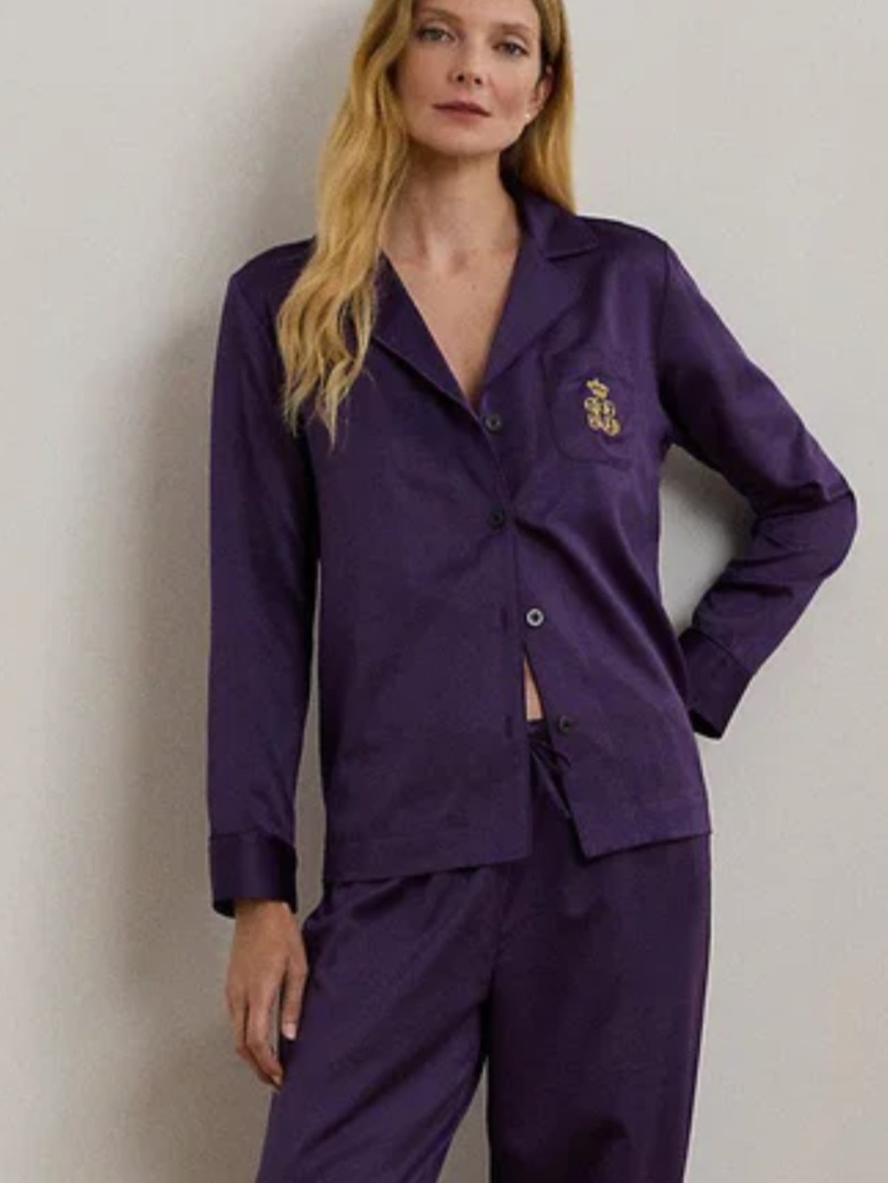 Lauren Ralph Lauren Deep Purple Notched-Collar Pajama Set with Gold Crest